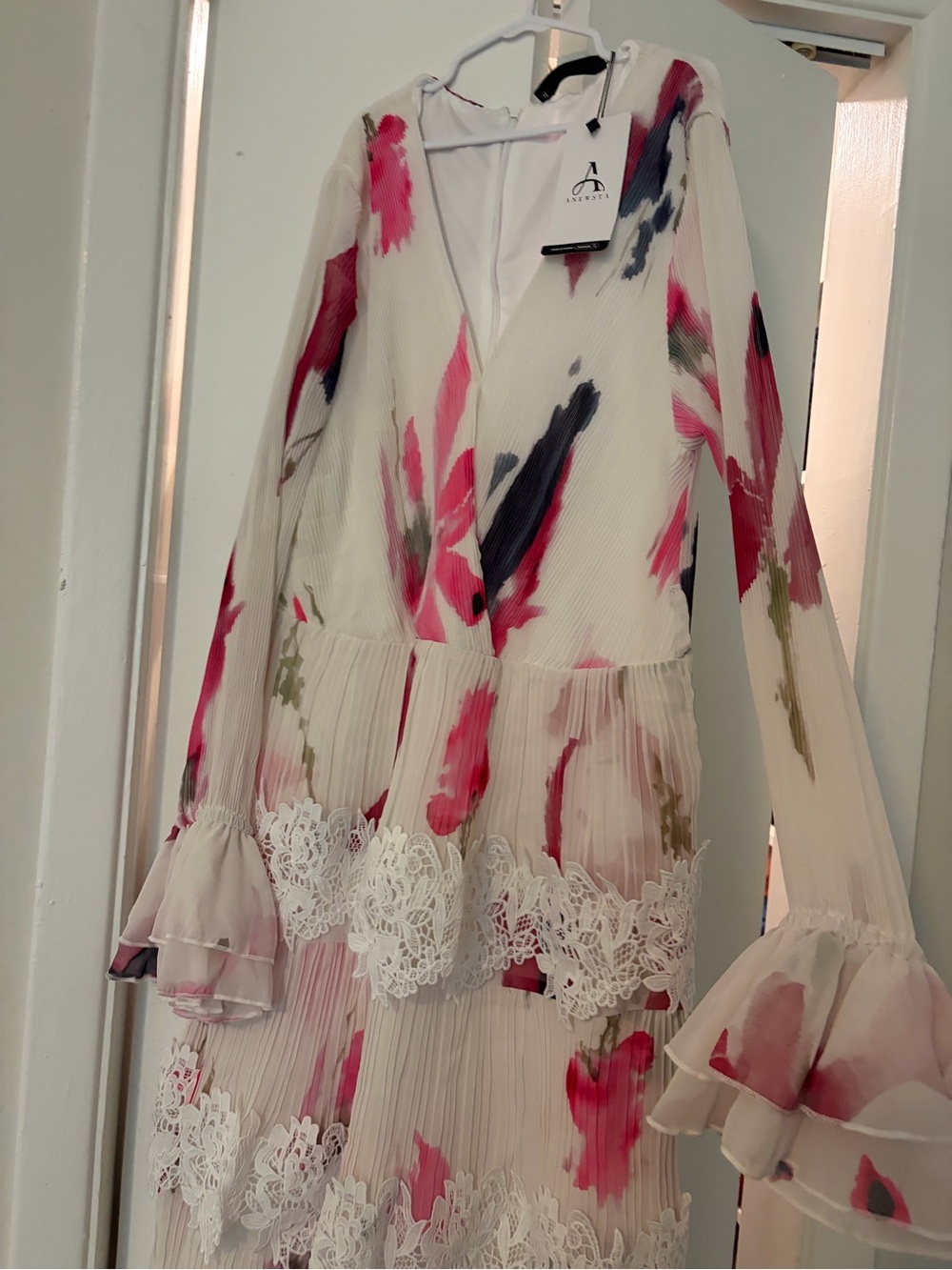 Aidan Mattox Floral Lace Tiered Midi Dress - White with Pink & Navy Brushstrokes